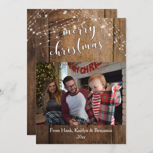 Vrolijke Kerstmisfoto w/Rustiek Hout & Lichten Feestdagenkaart (Voorkant / Achterkant)