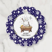 Vrolijke Kerstmiskerststal Baby Jesus Snowman Bedankjes Labels (Voorkant)