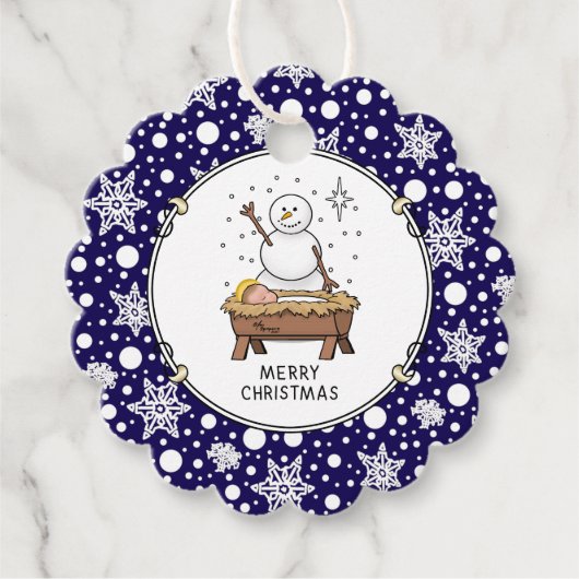 Vrolijke Kerstmiskerststal Baby Jesus Snowman Bedankjes Labels (Voorkant)