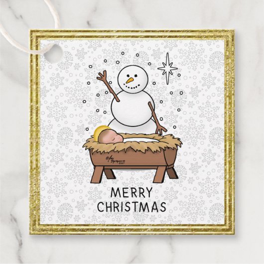 Vrolijke Kerstmiskerststal Baby Jesus Snowman Bedankjes Labels (Voorkant)