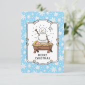 Vrolijke Kerstmiskerststal Baby Jesus Snowman Bedankkaart (Staand voorkant)