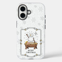 Vrolijke Kerstmiskerststal Baby Jesus Snowman iPhone 16 Hoesje
