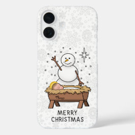 Vrolijke Kerstmiskerststal Baby Jesus Snowman iPhone 16 Hoesje