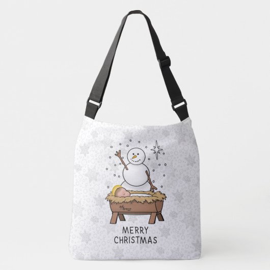 Vrolijke Kerstmiskerststal Baby Jesus Snowman Crossbody Tas (Voorkant)
