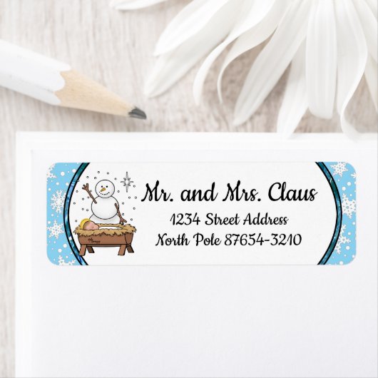 Vrolijke Kerstmiskerststal Baby Jesus Snowman Etiket (Insitu)