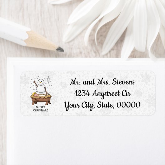 Vrolijke Kerstmiskerststal Baby Jesus Snowman Etiket (Insitu)