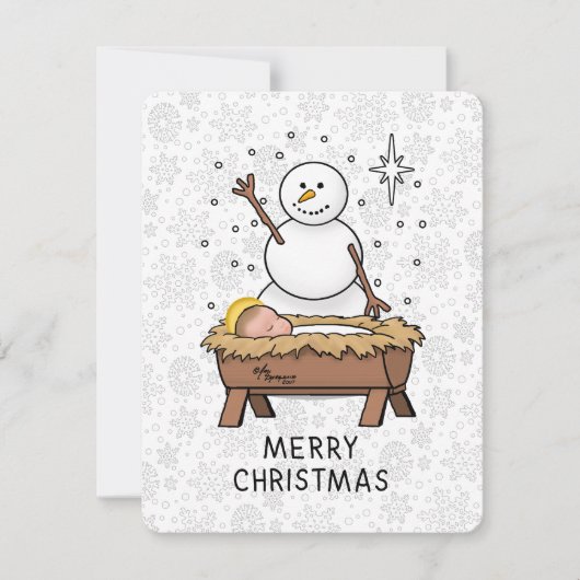 Vrolijke Kerstmiskerststal Baby Jesus Snowman Feestdagenkaart (Voorkant)