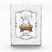 Vrolijke Kerstmiskerststal Baby Jesus Snowman Fotoblokken (Voorkant)