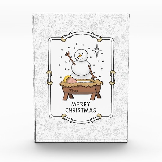 Vrolijke Kerstmiskerststal Baby Jesus Snowman Fotoblokken (Voorkant)