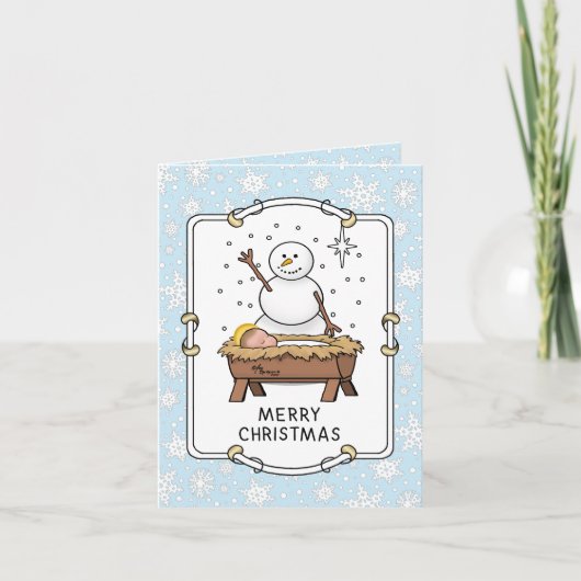 Vrolijke Kerstmiskerststal Baby Jesus Snowman Kaart (Voorkant)