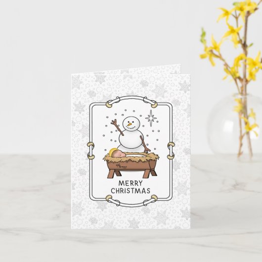 Vrolijke Kerstmiskerststal Baby Jesus Snowman Kaart (Gele Bloem)