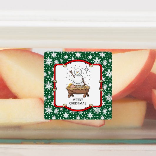 Vrolijke Kerstmiskerststal Baby Jesus Snowman Labels (Aangebracht)