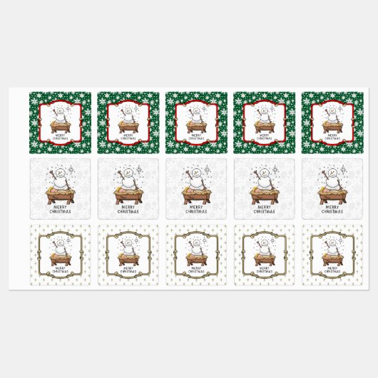 Vrolijke Kerstmiskerststal Baby Jesus Snowman Labels (Vel)