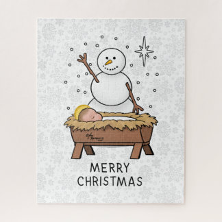 Vrolijke Kerstmiskerststal Baby Jesus Snowman Legpuzzel