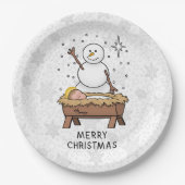 Vrolijke Kerstmiskerststal Baby Jesus Snowman Papieren Bordje (Voorkant)