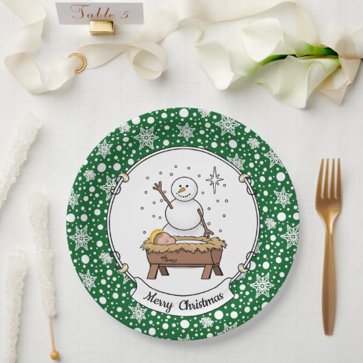 Vrolijke Kerstmiskerststal Baby Jesus Snowman Papieren Bordje (Huwelijk)