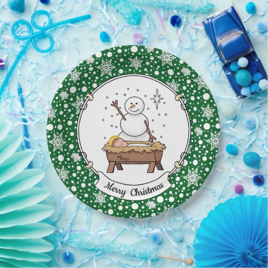 Vrolijke Kerstmiskerststal Baby Jesus Snowman Papieren Bordje (Feest)