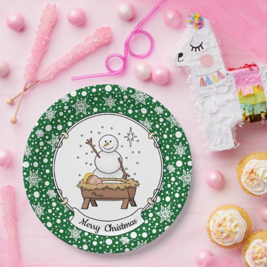 Vrolijke Kerstmiskerststal Baby Jesus Snowman Papieren Bordje (Feest)