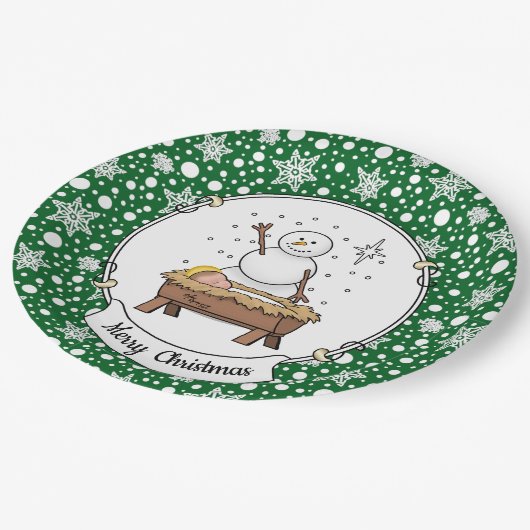 Vrolijke Kerstmiskerststal Baby Jesus Snowman Papieren Bordje (Gekanteld)