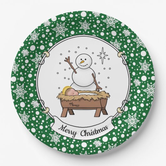 Vrolijke Kerstmiskerststal Baby Jesus Snowman Papieren Bordje (Voorkant)