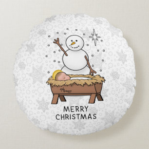 Vrolijke Kerstmiskerststal Baby Jesus Snowman Rond Kussen