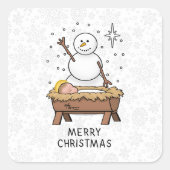 Vrolijke Kerstmiskerststal Baby Jesus Snowman Vierkante Sticker (Voorkant)