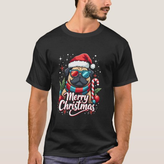 Vrolijke Kerstmopshond Zonnebril Kerstmuts Kerstma T-shirt (Voorkant)