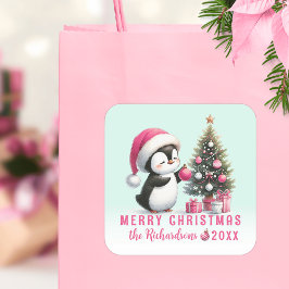 Vrolijke Kerstmunt en Roze Schattigee Pinguïn Cust Vierkante Sticker