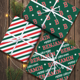 Vrolijke Kerstnaam Monogram Groen Rood Tiener Inpakpapier Vel