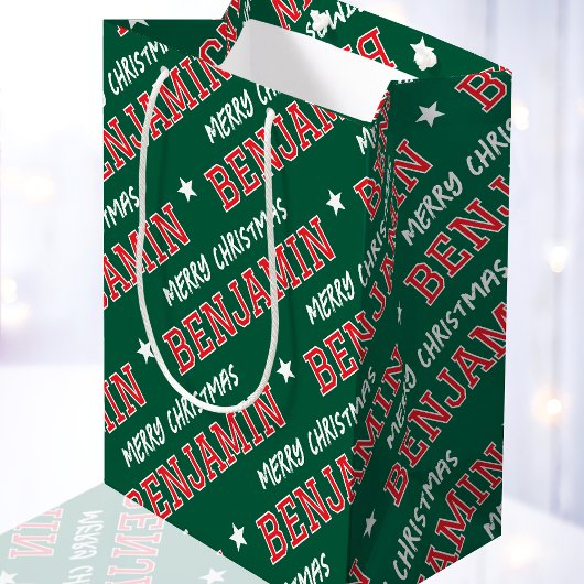 Vrolijke Kerstnaam Typografie Groen Rood Medium Cadeauzakje