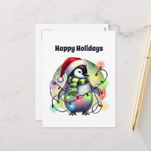 Vrolijke kerstpinguïn aanpasbaar feestdagenkaart (Voorkant / Achterkant in situ)