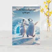 Vrolijke kerstpinguïns dansen kaart (Gele Bloem)