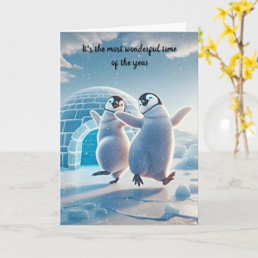 Vrolijke kerstpinguïns dansen kaart (Gele Bloem)