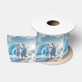 Vrolijke kerstpinguïns dansen satijnen lint