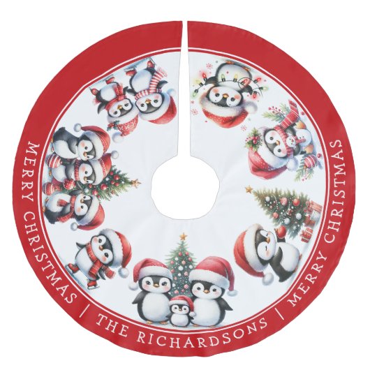 Vrolijke Kerstpinguïns Familienaam Wit en Rood Kerstboom Rok (Voorkant)