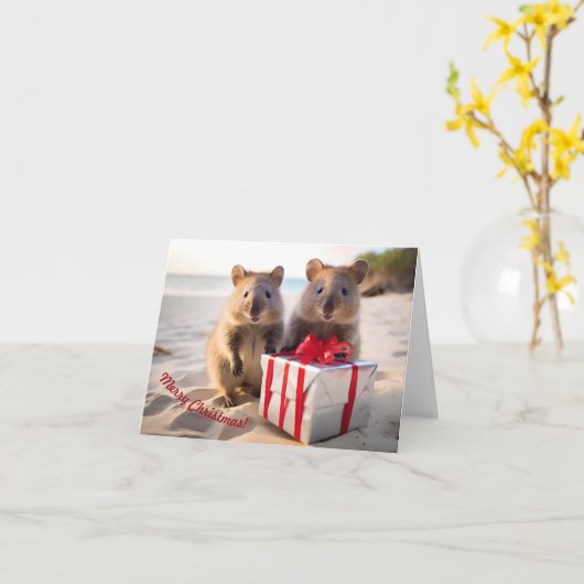 Vrolijke Kerstquokka's op het strand - Kaart (Gele Bloem)