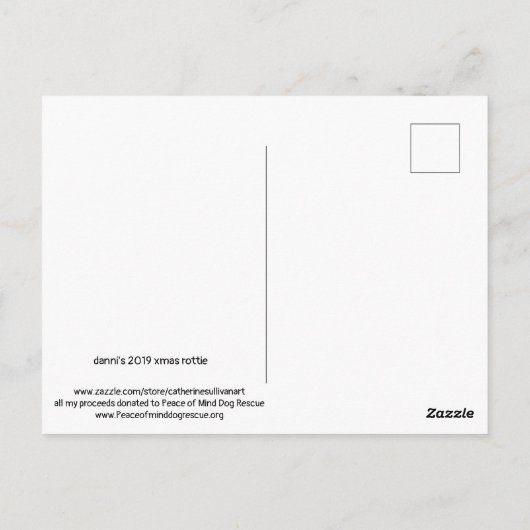 vrolijke kerstrottweiler met santa hat, boog, snee briefkaart (Achterkant)