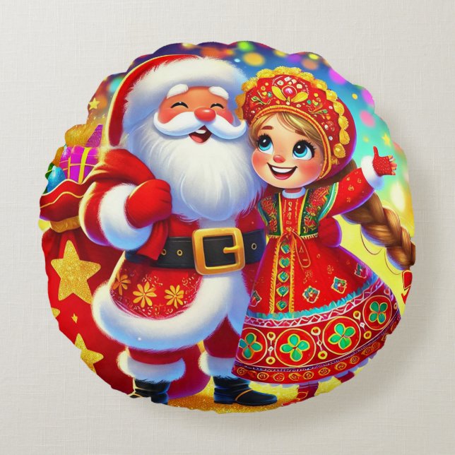 Vrolijke kerstscène met Kerstman Rond Kussen (Voorkant)