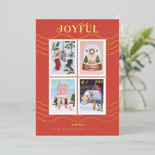 Vrolijke Kerstscènes Postzegels Folie Feestdagenkaart