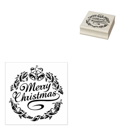 Vrolijke kersttekst, klokken en hulst rubberstempel (Gestempeld)