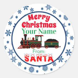 Vrolijke kersttrein van Santa Blue Sneeuwvlokken Ronde Sticker