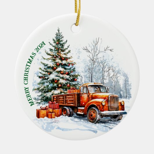 Vrolijke kersttruck keramisch ornament (Voorkant)