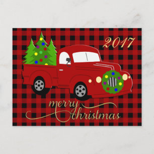 Vrolijke Kersttruck & Tree Red Plaid Briefkaart