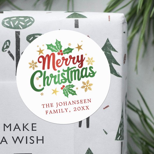 Vrolijke kersttypografie Holly Berry Family Ronde Sticker