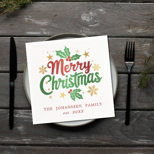 Vrolijke kersttypografie Holly Berry Snowflakes Servet