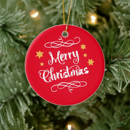 Vrolijke Kersttypografie Licht Rood Wit Keramisch Ornament (Boom)