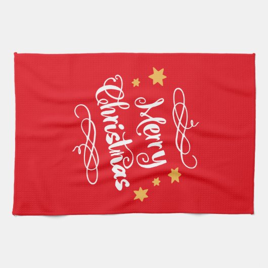 Vrolijke Kersttypografie Licht Rood Wit Theedoek (Horizontaal)