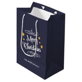 Vrolijke kersttypografie Midnight Blue White Medium Cadeauzakje