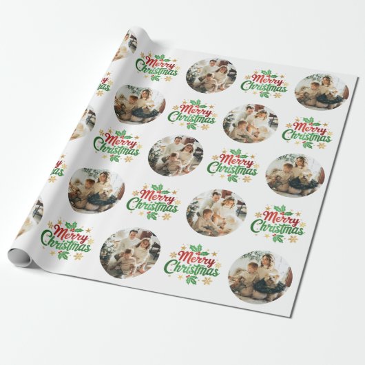 Vrolijke kersttypografie Modern fotopatroon Cadeaupapier (Uitgerold)