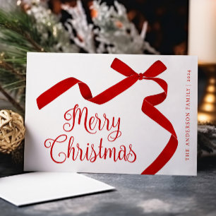 Vrolijke kersttypografie Red Bow Feestdagenkaart